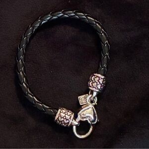Black Braided rope Bracelet with Silver tone Accents and tiny box charm.
